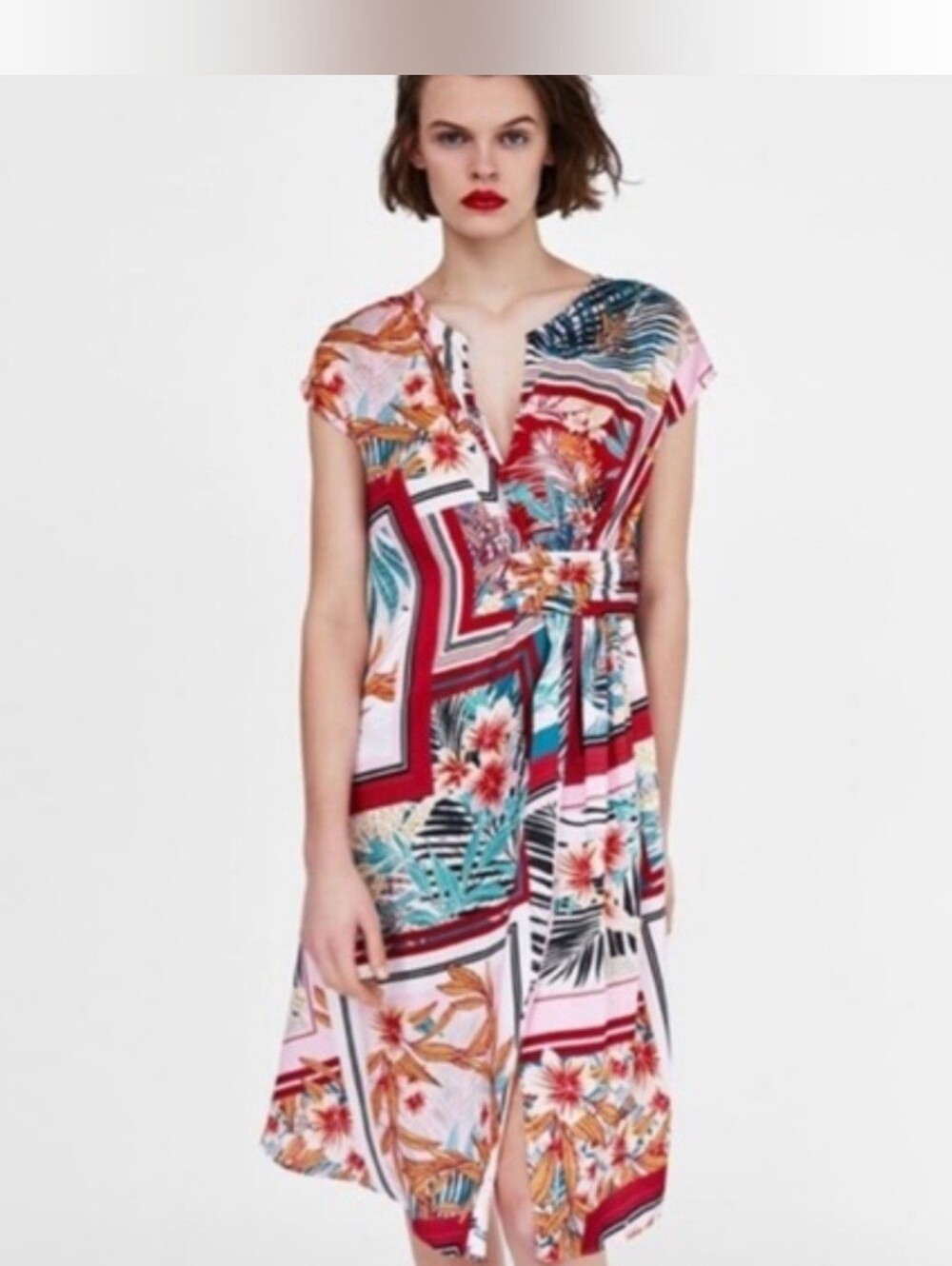 ZARA Satin-Effect Tropical Scarf Print Midi Dress Size M NWT - Picture 2 of 10